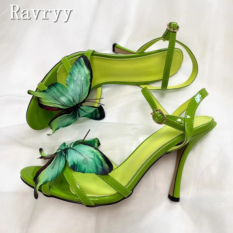 Summer New Green Butterfly Women Sandals Luxury Design Peep Toe Thin High Heels Ankle Strap Buckle Wedding Party Shoes