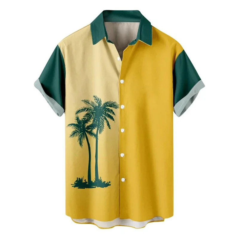 Gradient color coconut tree print men's lapel shirt Hawaiian casual comfortable men's top loose daily short-sleeved shirt person