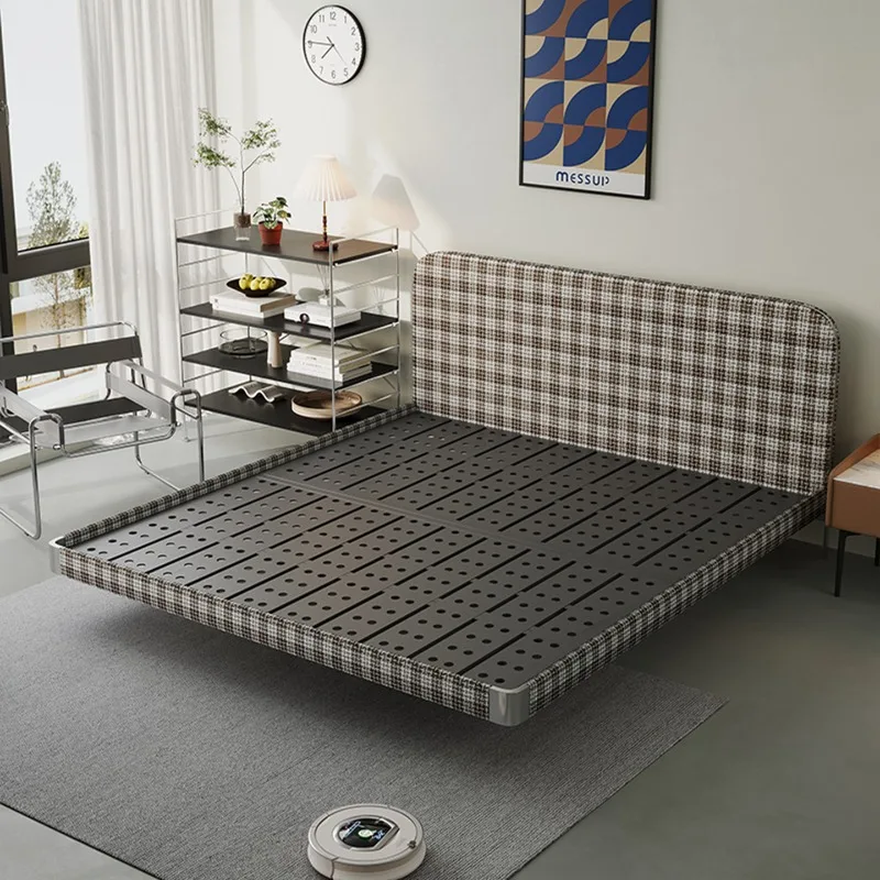 Steel frame fabric bed High-end carbon steel master and second bedroom knitted thin bedside modern simple double bed