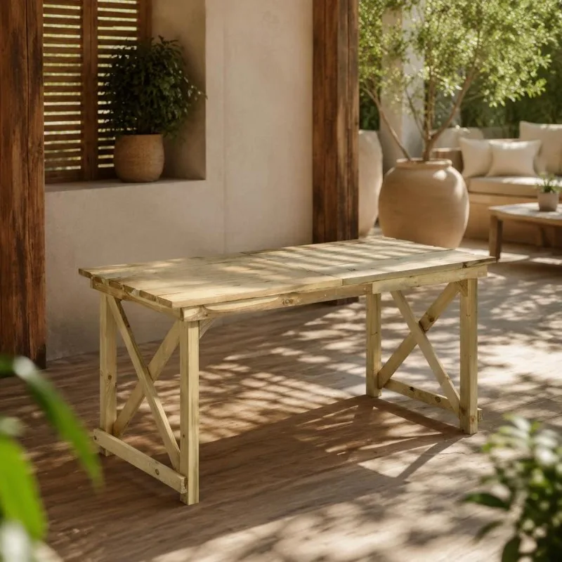 Table de jardin 160 x 79 x 75 cm en pin imprégné, design classique rustique, pieds stables, facile à assembler, idéale pour terrasse, patio, repas en famille et pique-nique en plein air.