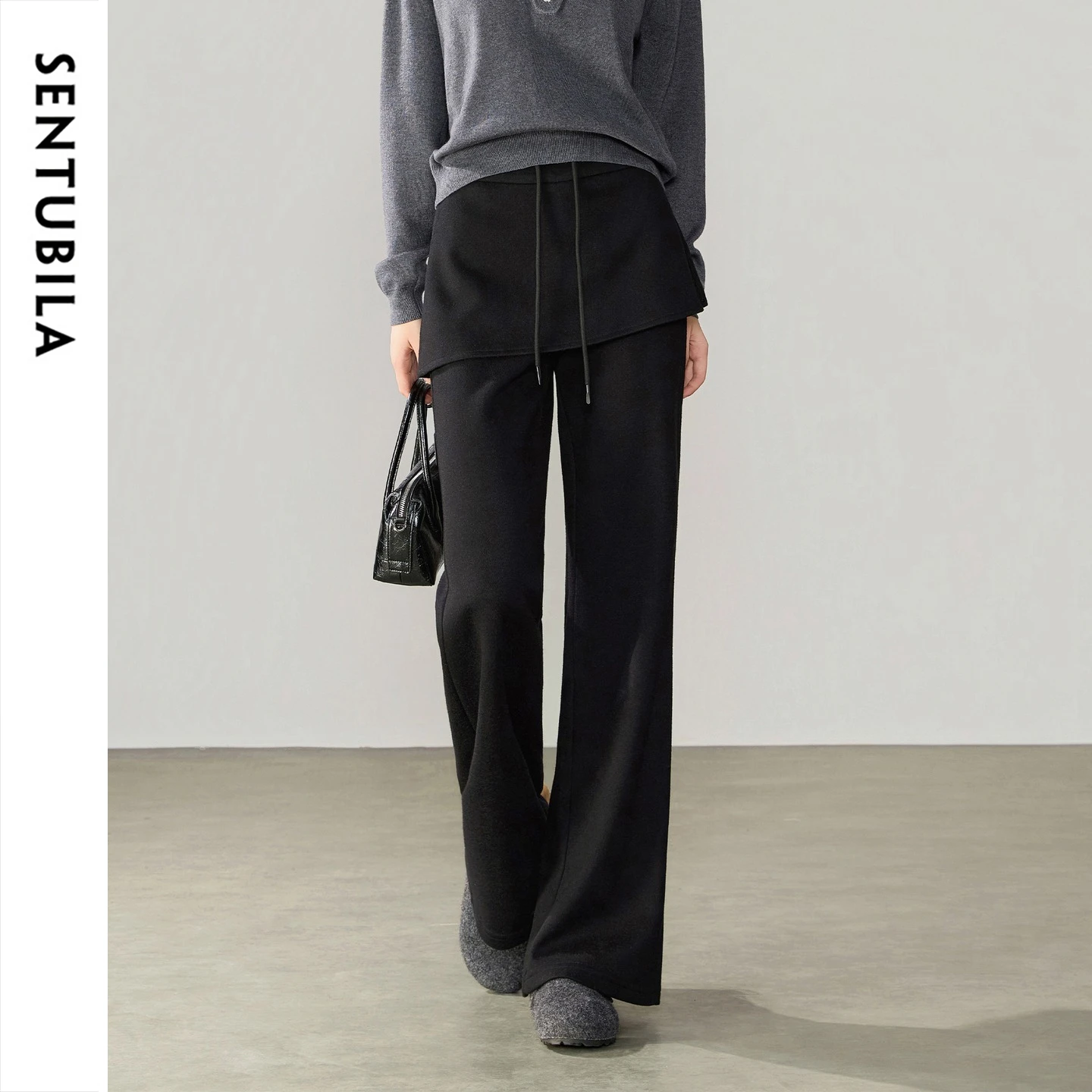 SENTUBILA Women Knitted Pants Autumn Winter High Waist Flared Trousers Black 2026 Commute Slim Fit Skirt Overlay Pants 164KE7228