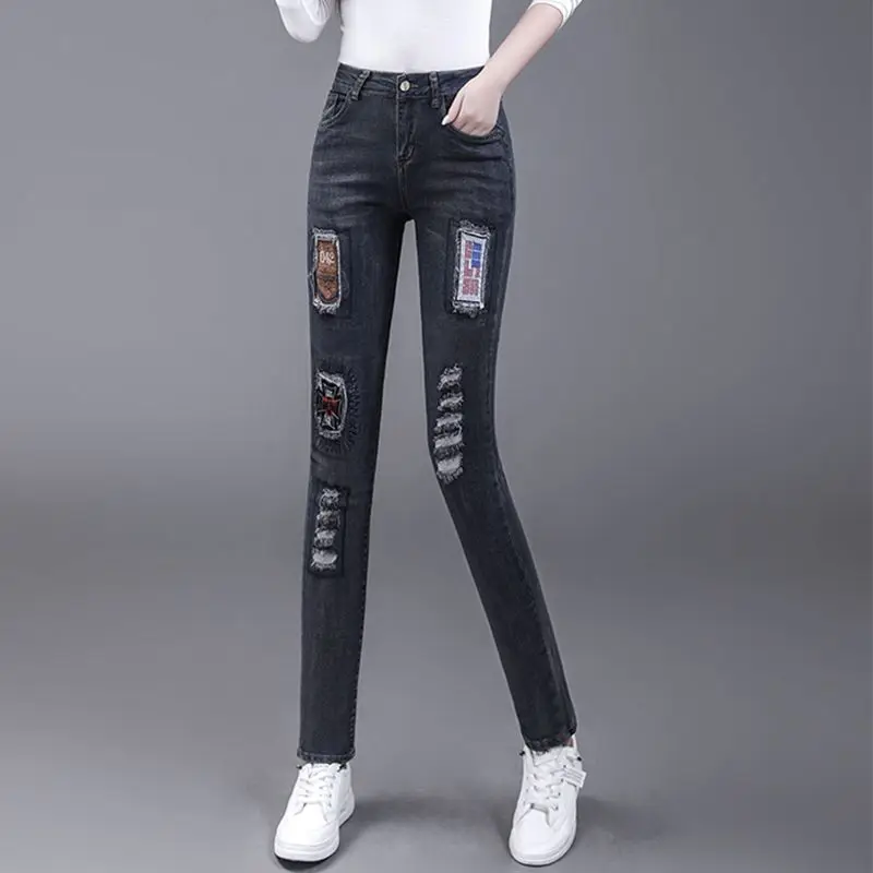 High-waisted Jeans Women's Spring and Summer 2025 New High-waisted Slim-fitting Embroidery Elastic Ripped Punk Pencil Pants