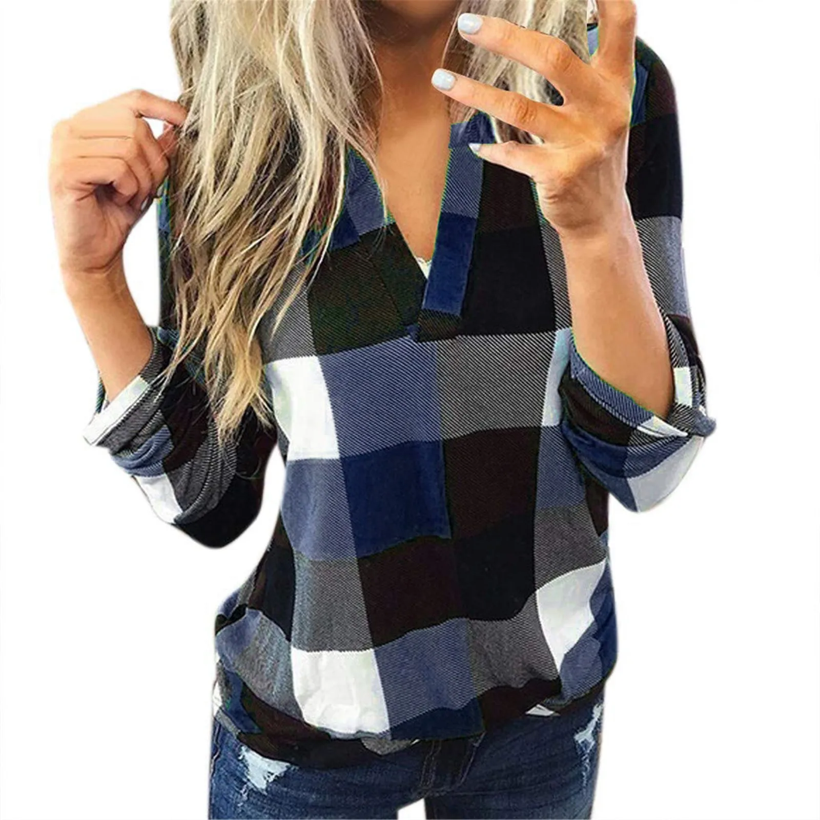 Women\'s Plaid Top Blouse Long Sleeve Cotton Checked Print V Neck Shirt Female Ladies Streetwear Comfty Tops Blusas Tunics 2022