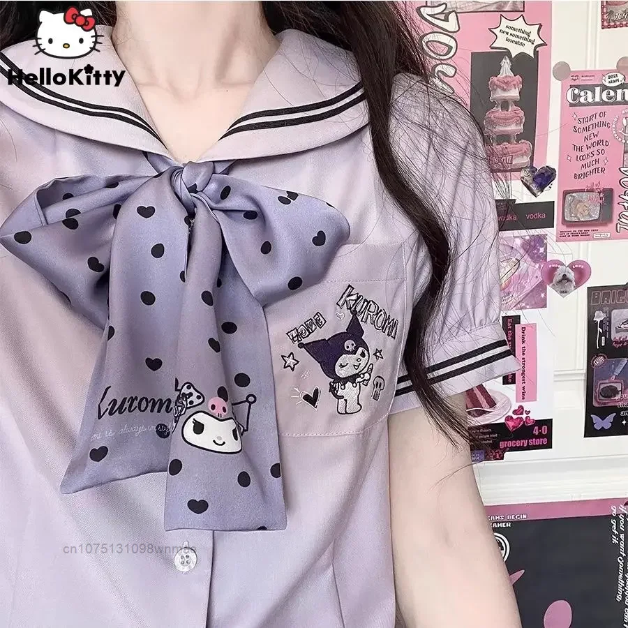 

Sanrio Kuromi Melody Embroidery Cartoon Blouses With Sailor Collar Y2k Women's Sweet Cute Slim Shirt Lolita Style Tops Clothes