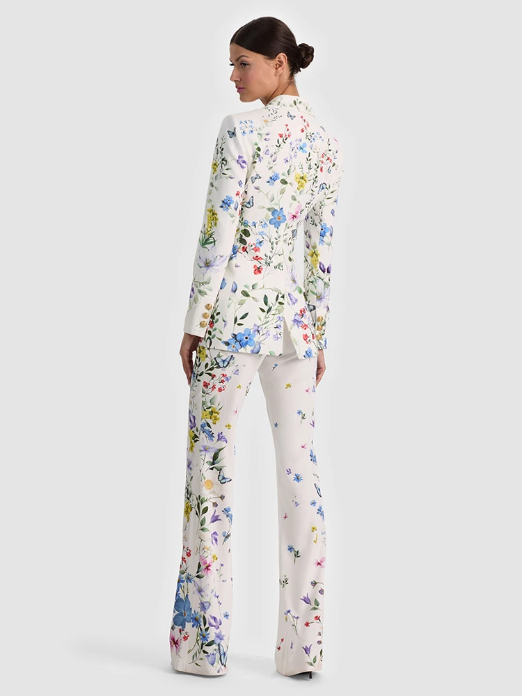 2026 White Floral Butterfly Print Women’s Pant Suit Lapel Blazer & High Waist Flared Trousers Two Piece Set Business Summer Suit