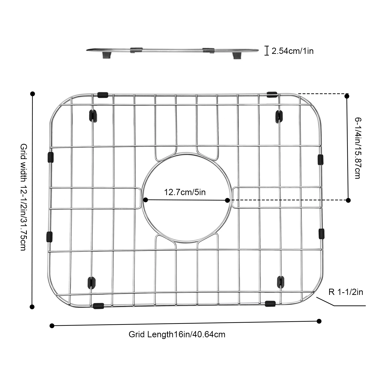 Kitchen Bottom Sink Protector Grid - 16" x 12-1/2", Slivery 304 Stainless Steel with Rubber, Modern Style, Electrolytic