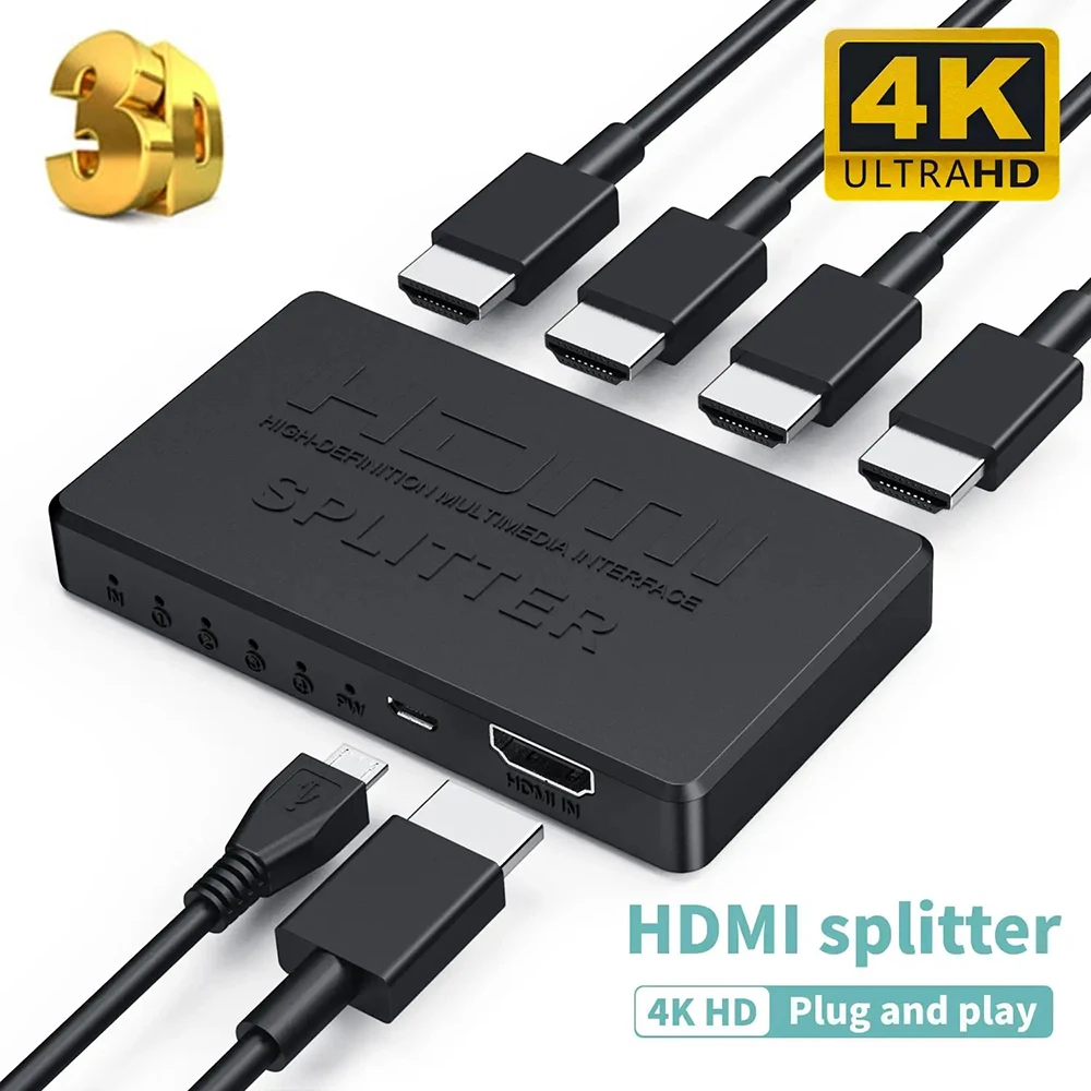 HDMI-compatible Splitter HD 4K 2K Video Switcher Adapter 1 Input 4 Output HDMI-compatible Hub for Xbox PS4 DVD HDTV PC Laptop TV