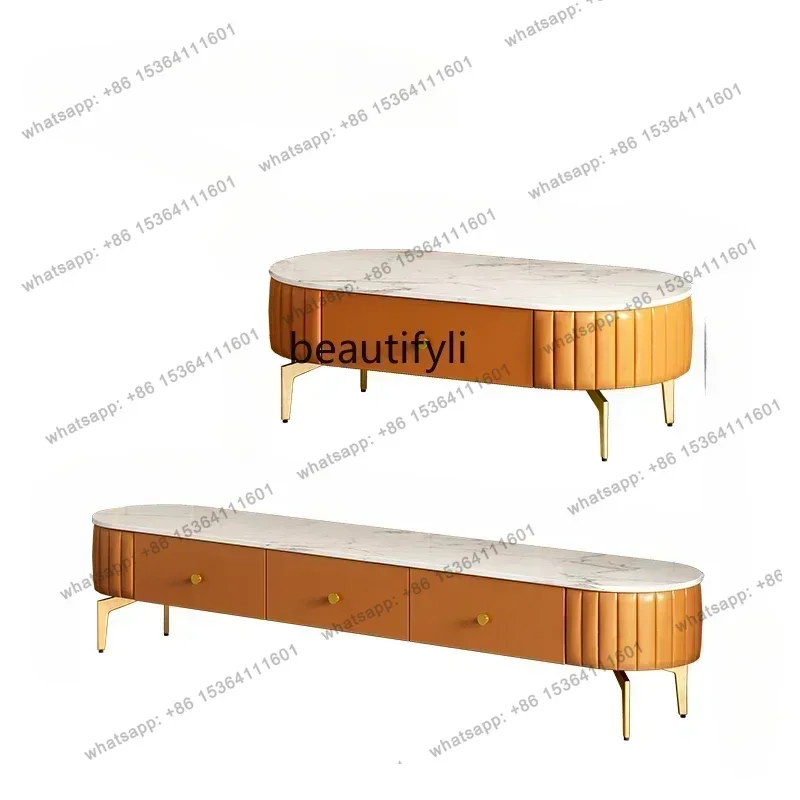 

Stone Plate Coffee Table Retro Domestic Tea Table Light Luxury Oval Coffee Table TV Cabinet Combination