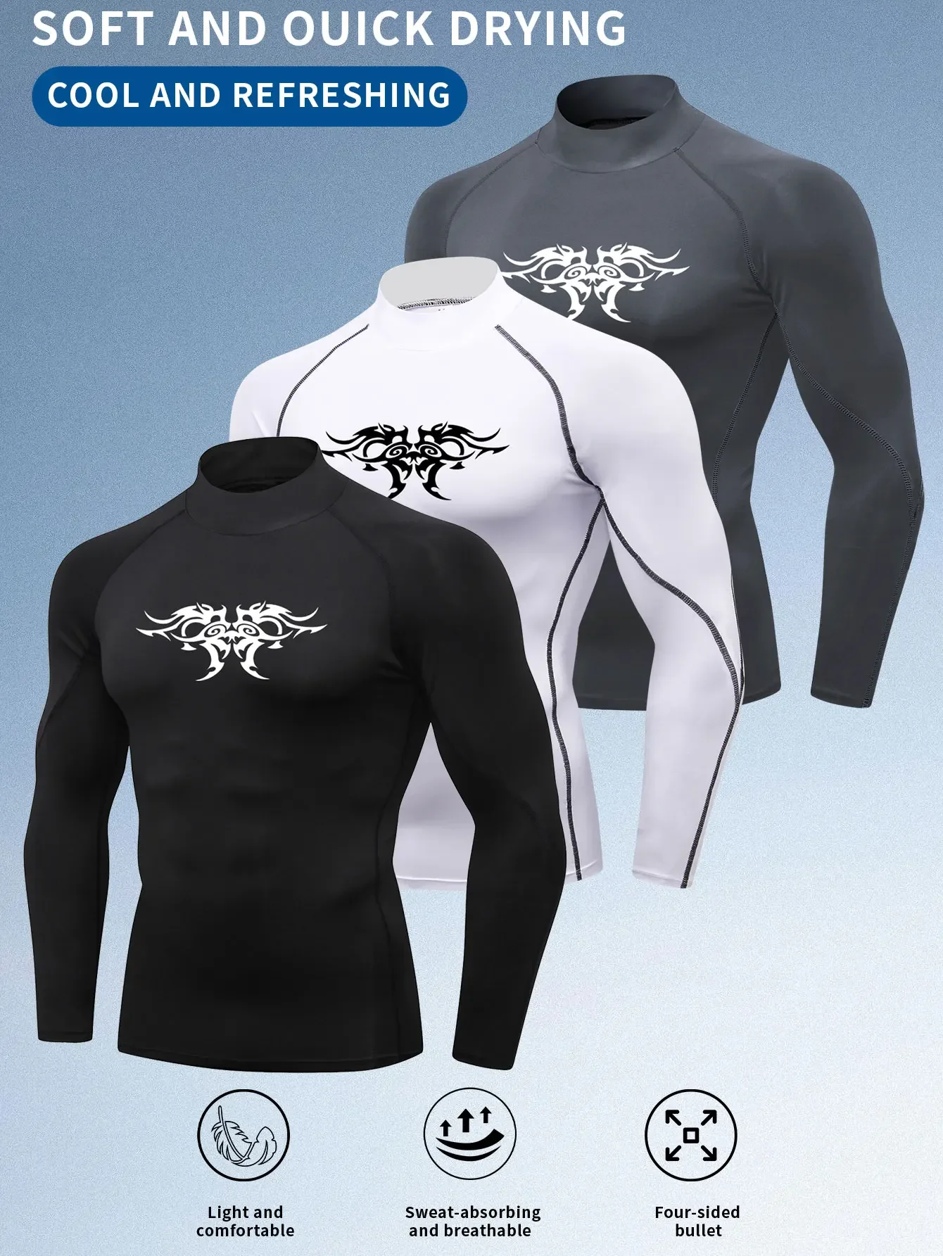 

3 шт., мужской облегающий костюм для фитнеса с длинными рукавами и высоким воротником, эластичный быстросохнущий спортивный тренировочный костюм, бег, баскетбол