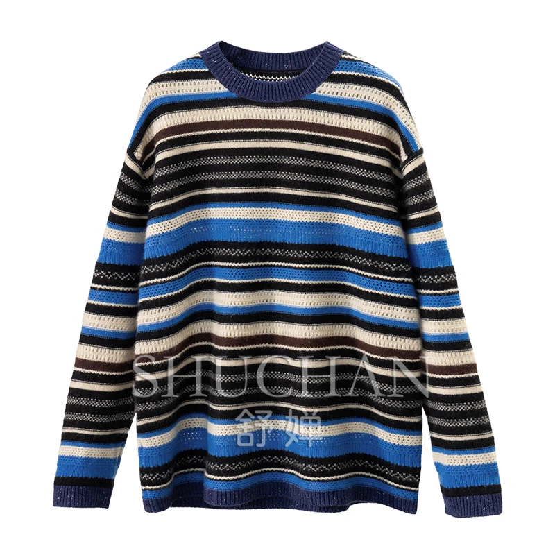 100% Cashmere Irregular Contrast Stripe Long Sleeve Sweater Women 4Y35 Long Sleeve Top Korean Fashion Blusa De Frio Feminina