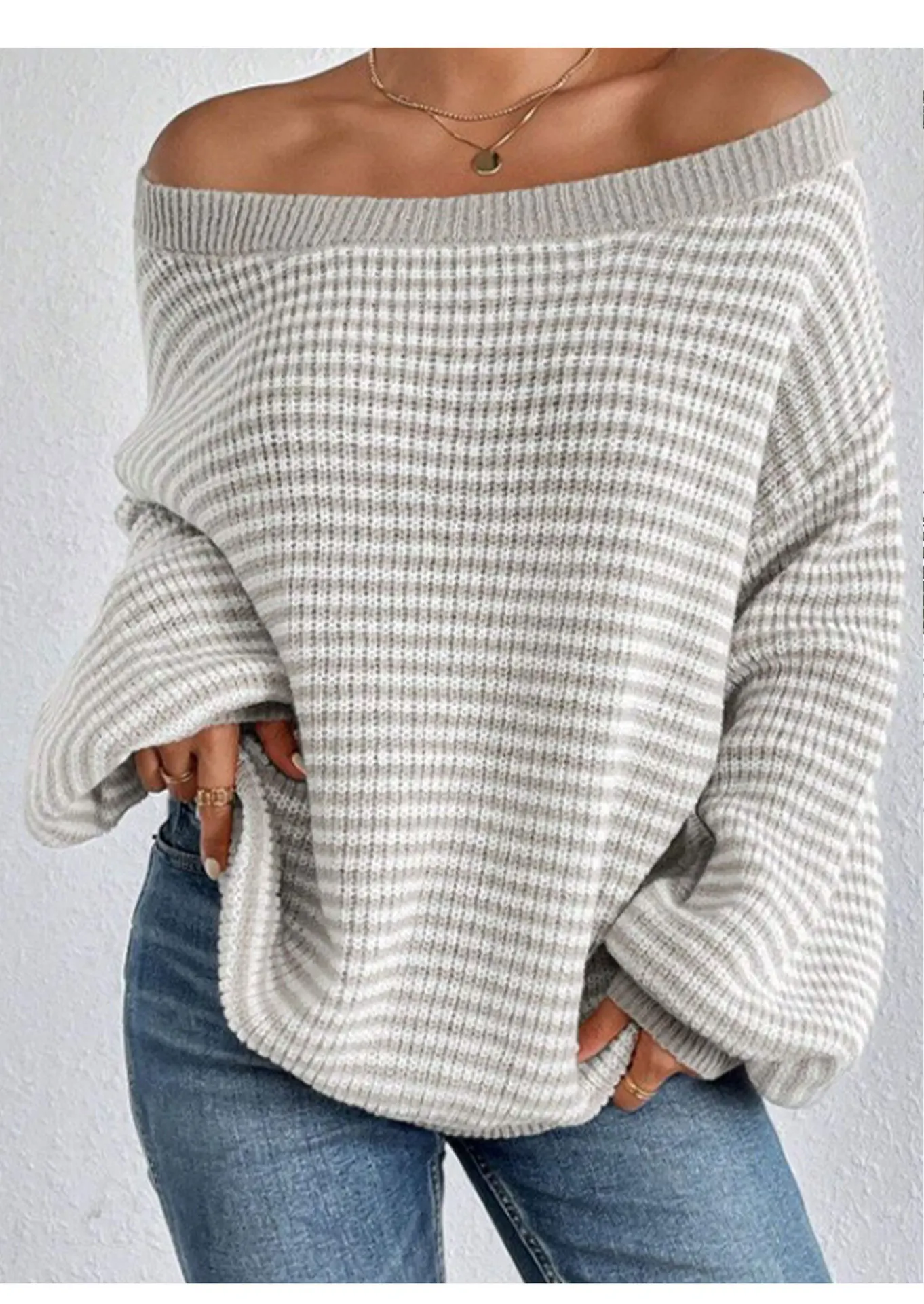 Boat Neck Women's Striped Color Block Long Sleeve Knit Pullover Sweater Trendy Fashion Classic Cozy Warm Soft Chic  New Sweater