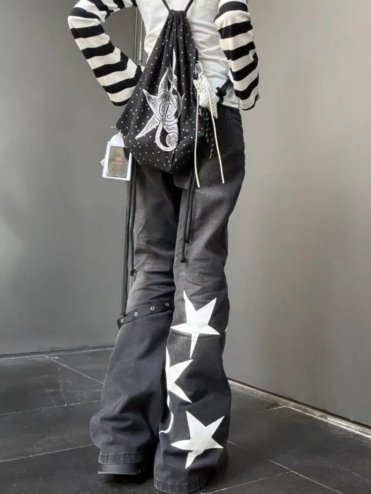 American Print Flare Denim Skinny Jeans Women Spice Girls Slim Mid-length Trousers Y2k Goth Personalized Elegant Pants