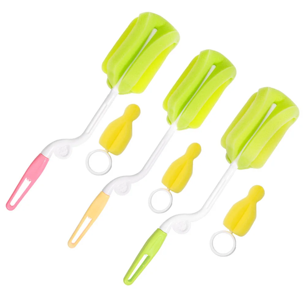 1 Set Baby Nursing Accessories Cleaning Brush Set Rotatable Feeding Bottle Sponge Brush for Home Outdoor Baby (Yellow, Green, Pi