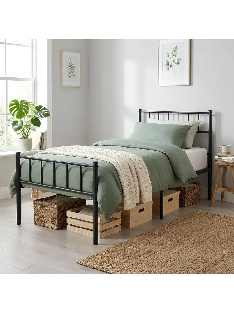 Single Metal Bed Frame Black Heavy Duty Steel Bed with Headboard Footboard and 36cm Underbed Storage Fits 190 x 90cm Mattress S
