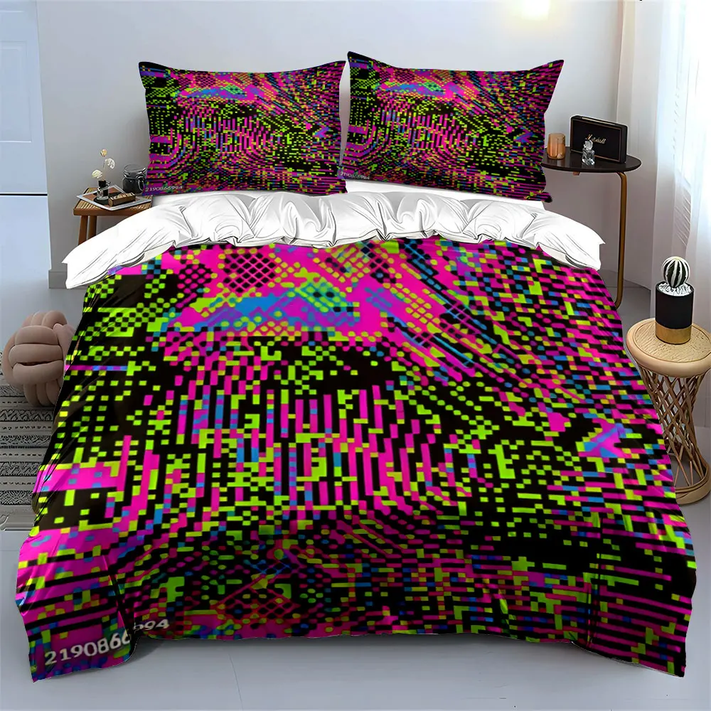 Conjunto de roupa de cama Cyberpunk Glitch, 3 peças, capa de edredom com estampa de pixel rosa e verde + 2 fronhas, solteiro, casal, king queen, presente