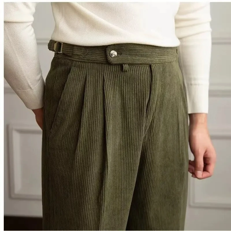Classics Italian Naples Style Men's Suit Corduroy Pants Men High Waist Straight Work Formal British Business Brand Trousers Male