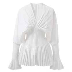 Elegant Women Loose White V-Neck Pleated Shirts Female Lantern Full Sleeve Tops Blouses Casual Blusas 2024 Spring Summer DS4