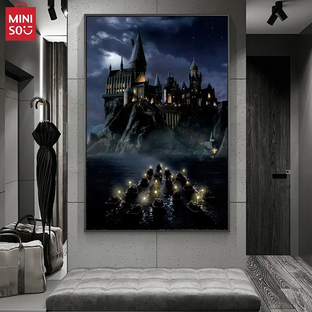 MINISO barcos a Hogwarts escuela de magia vista nocturna lienzo carteles e impresiones pintura de paisaje en la pared imagen artística Hom