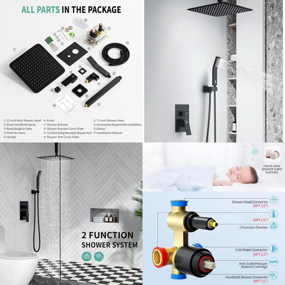 

12 Matte Black Ceiling Mount Luxury Shower System with Rainfall Head and Mixer Faucet Set