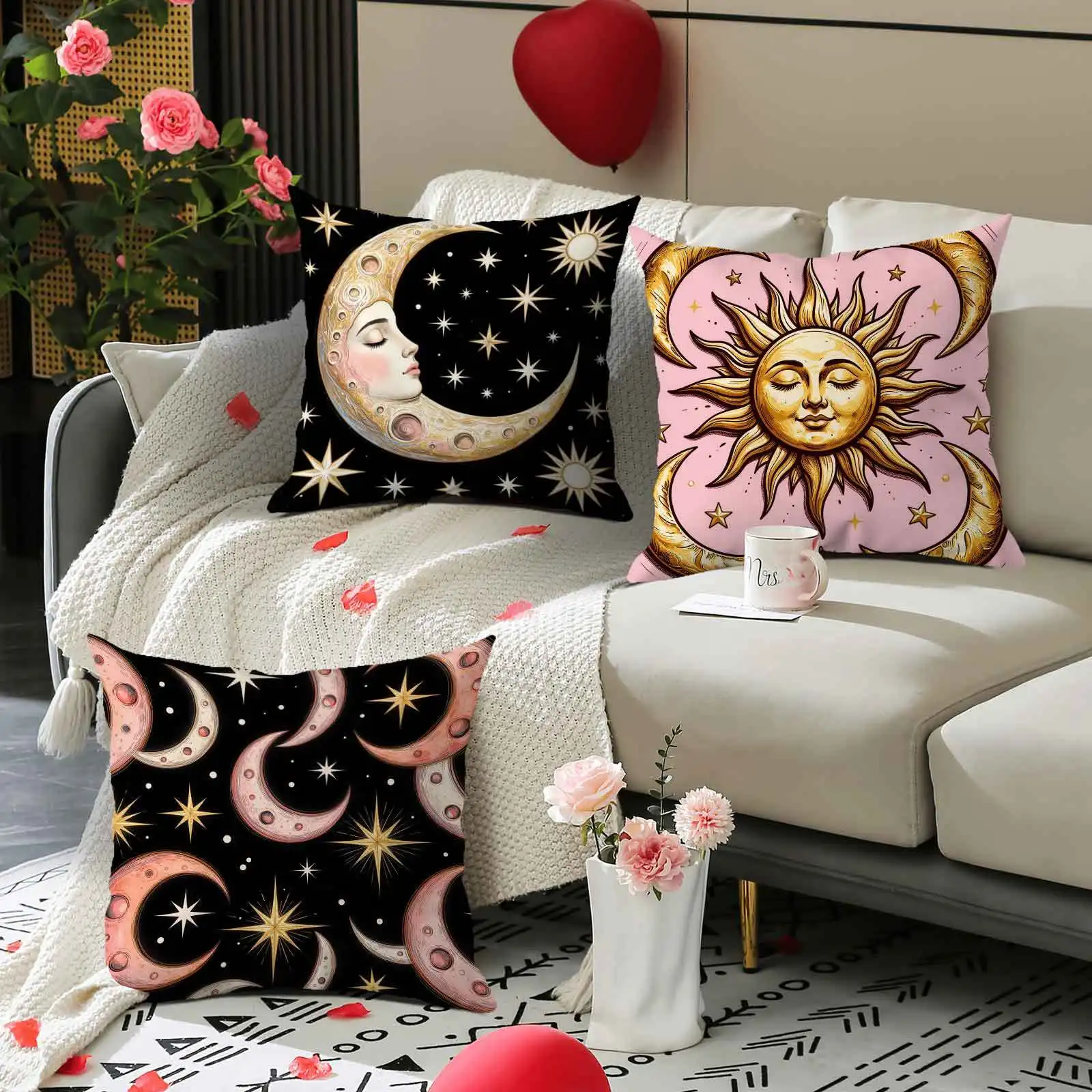 Boho Celestial Moon Sun Set 4 Printed Pillow Covers Starry Night Zodiac Aesthetic Throw Cushion Case Polyester Home Decoration G
