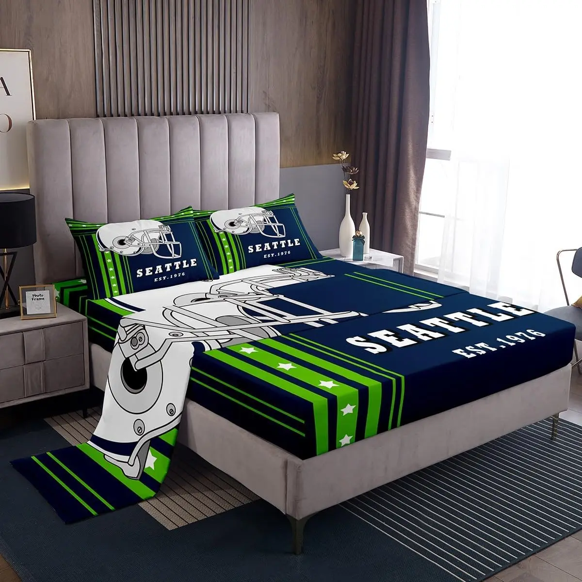 

American Football City Bed Sheets Set Sports Room Decor, Team Game Sheet Set Queen 2 Pillow Cases, Fluorescent Green Navy Blue