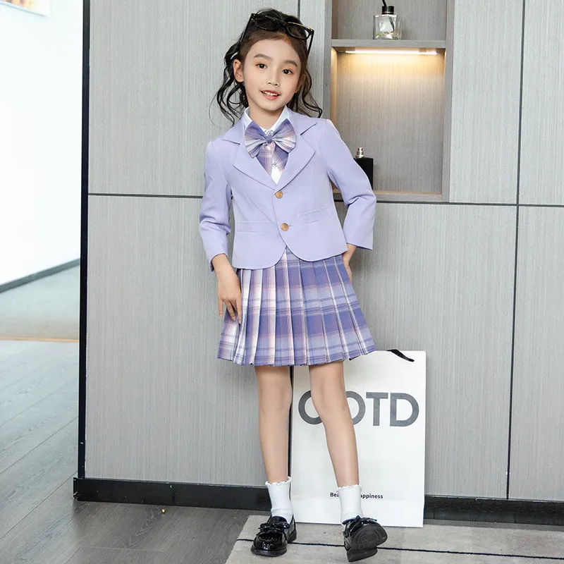 Autumn Winter Kids Girl's School Outfit Set - Blazer Jacket Top Shirt + Plaid Pleated Skirt for Ages 4-12 Japan Style