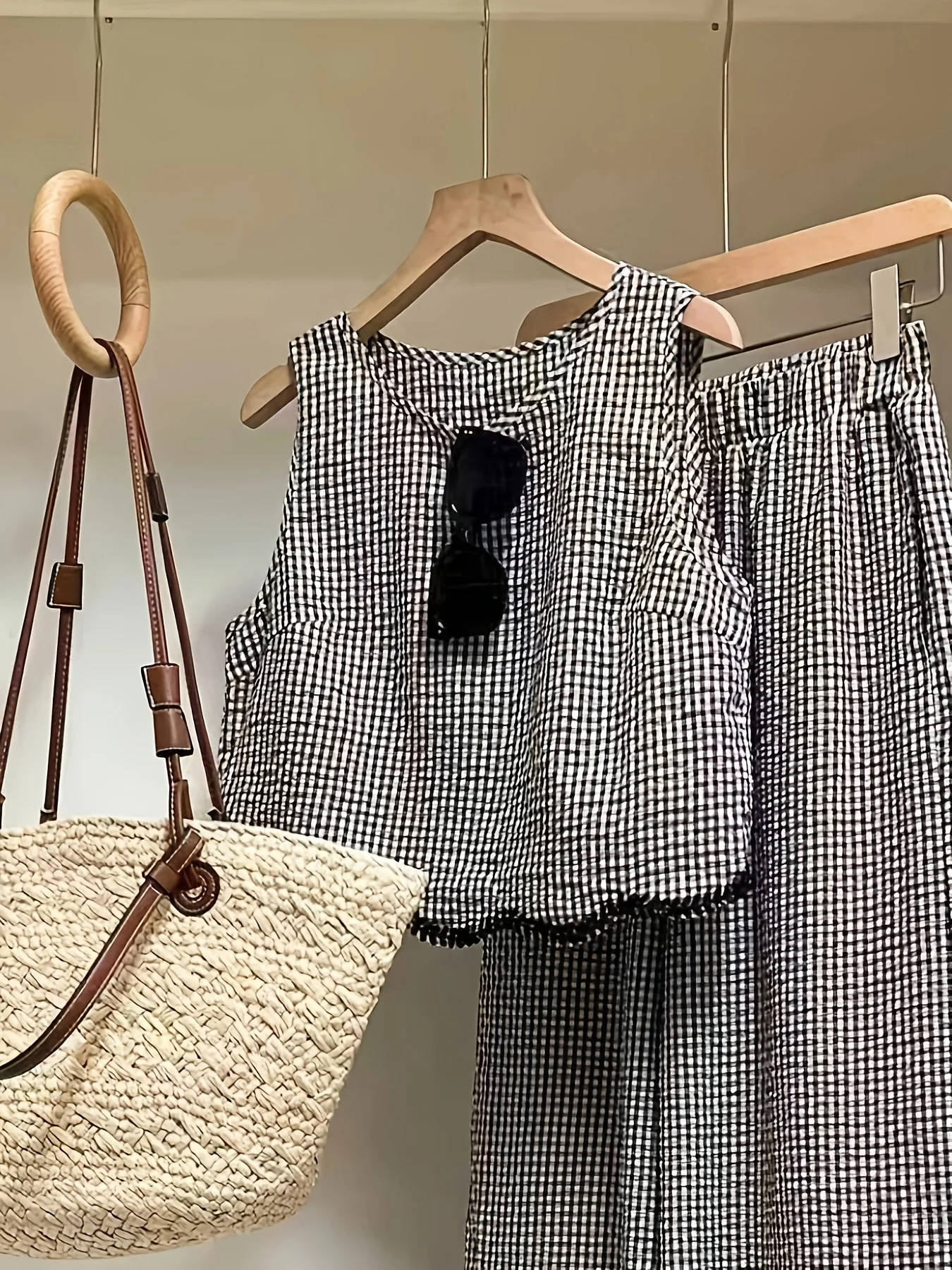 Plaid Sleeveless Top & Wide Leg Pants 2 Piece Outfit, Casual Lace Trim Matching Set