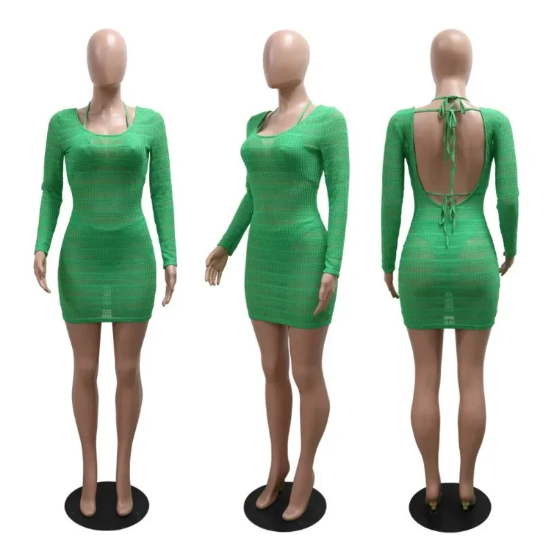 GUWU été femmes col rond évider moulante Mini robe plage Sexy à manches longues boîte de nuit fête soirée 3 pièces robes