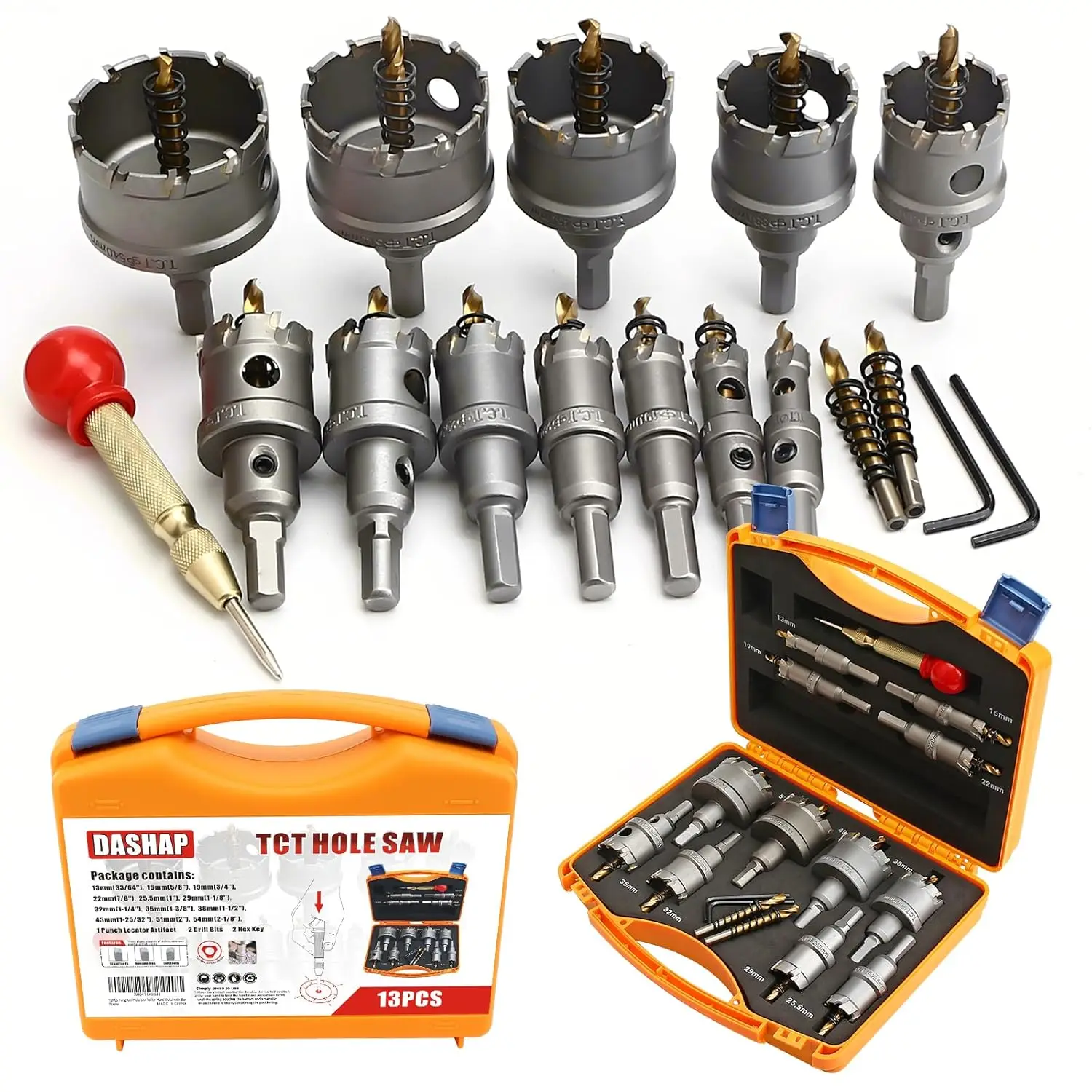 

13PCS Carbide Hole Saw Kit for Metal, Wood, Plastic - Heavy Duty Drill Bits Set (33/64'' to 2-1/8'')