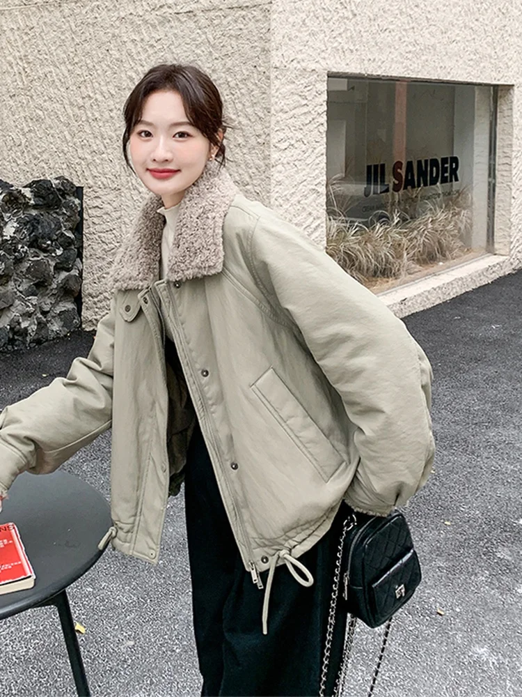 

Lamb Fur Patchwork Parka down Jaet Women's ort Winter Faion Casual Warm Outerwear Korean Sle Loose Fit White Du down