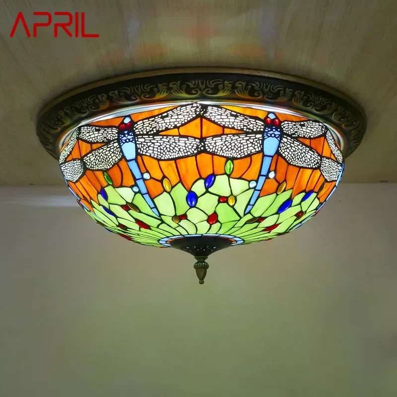 APRIL Tiffany Ceiling Light American Countryside Bedroom Study Modern Creative Bar Counter Corridor Colored Glass Ceiling Light