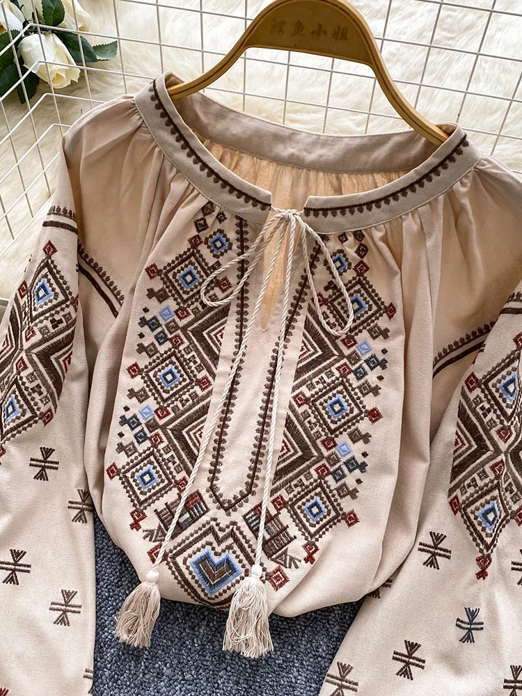 Women Autumn Blouse Loose Artistic Retro Heavy Industry Embroidery Bow O-Neck Lantern Sleeve Shirt Casual Versatile Top BL270