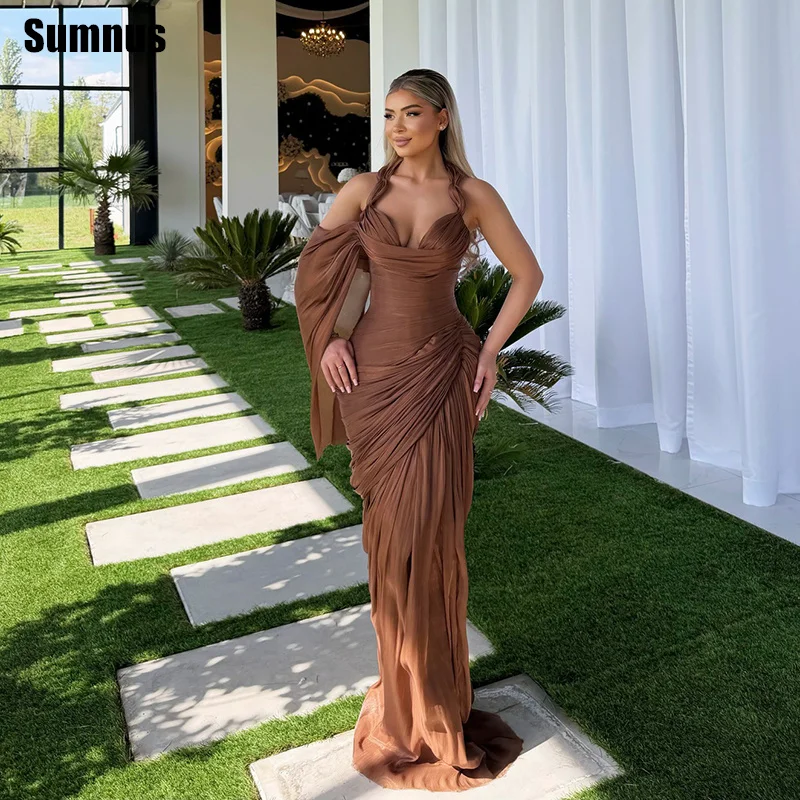 

Sumnus Elegant Brown Evening Dress Mermaid Halter Pleats Ruched Sweetheart Maxi Prom Dresses 2026 Women فساتين Customized