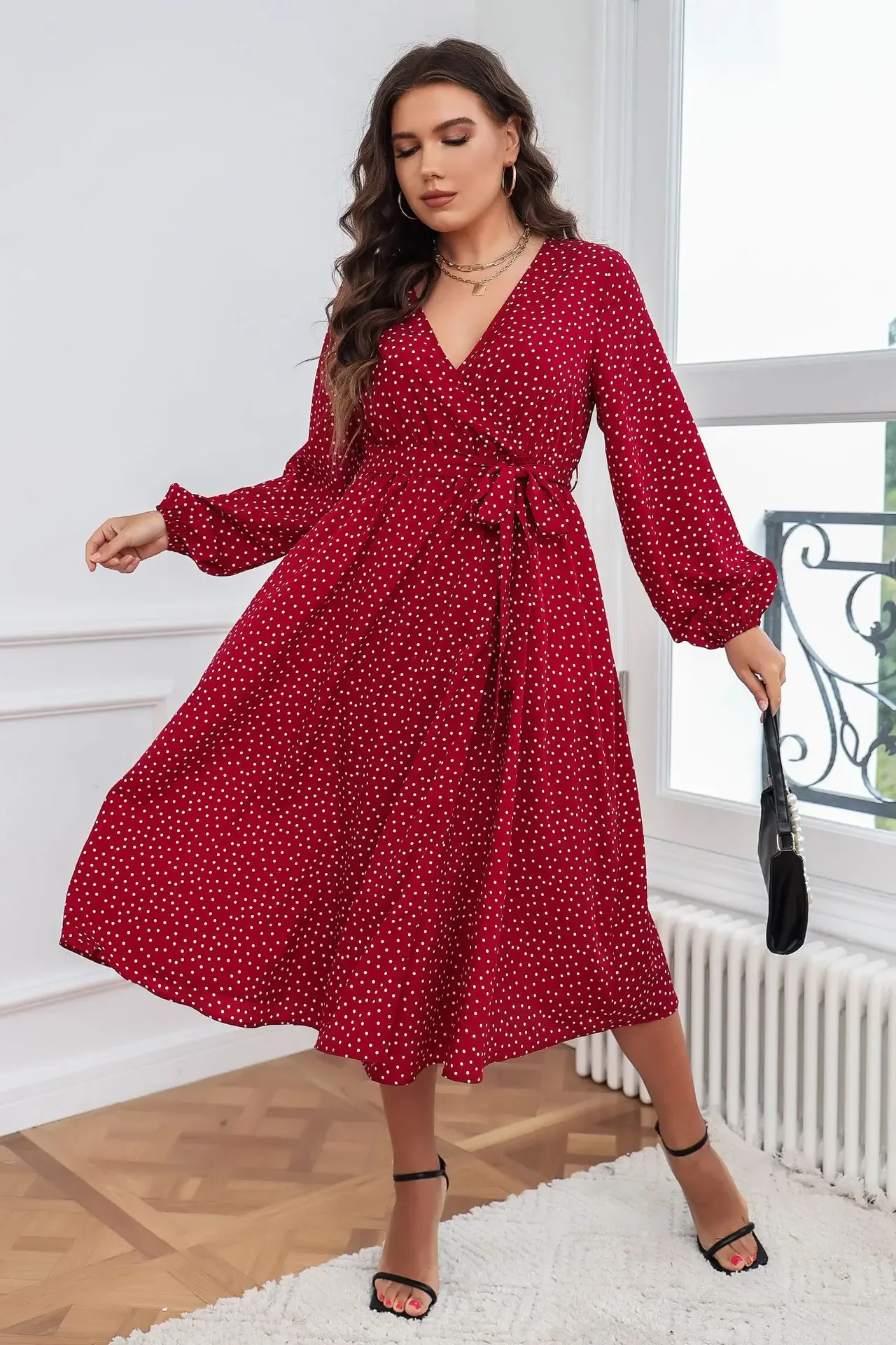 Plus Size Wrap V Neck Dresses Dotted Print Lace-Up Long Sleeves Boho Spring Fall Long Robe A Line Swing Maxi Gown Clothing