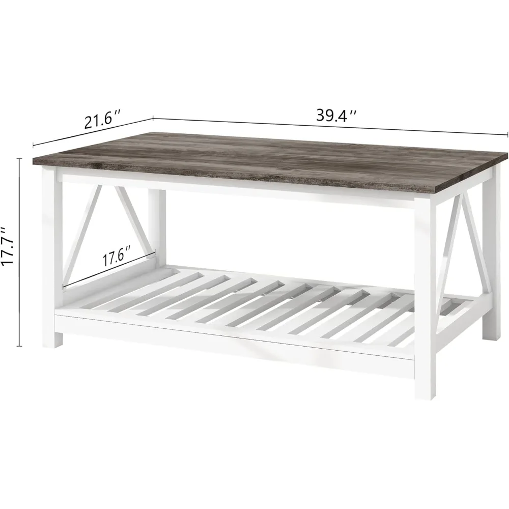 Bauernhaus Couch tisch für Wohnzimmer, rechteckiger hölzerner Center Cocktail Tisch mit Lamellen Regal Lagerung und V-förmigen Rahmen