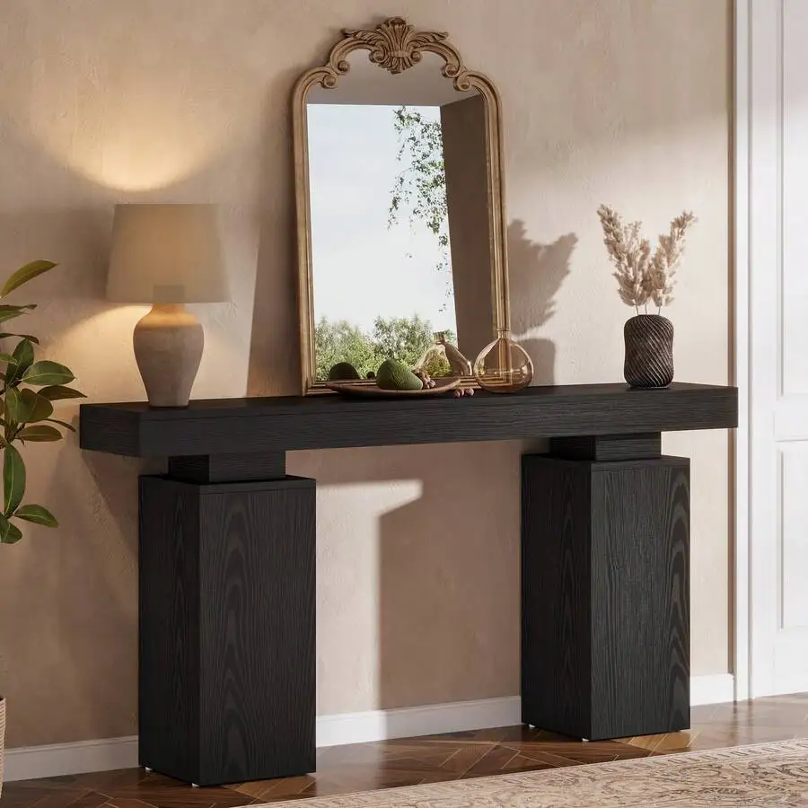 LITTLE TREE Farmhouse Entryway Table, 63-Inch Long Console Table, Behind Couch Table Wooden Foyer Stand Entry Station, Modern Black Hallway Accent Furniture For Living Room Decor, Entrance, Black