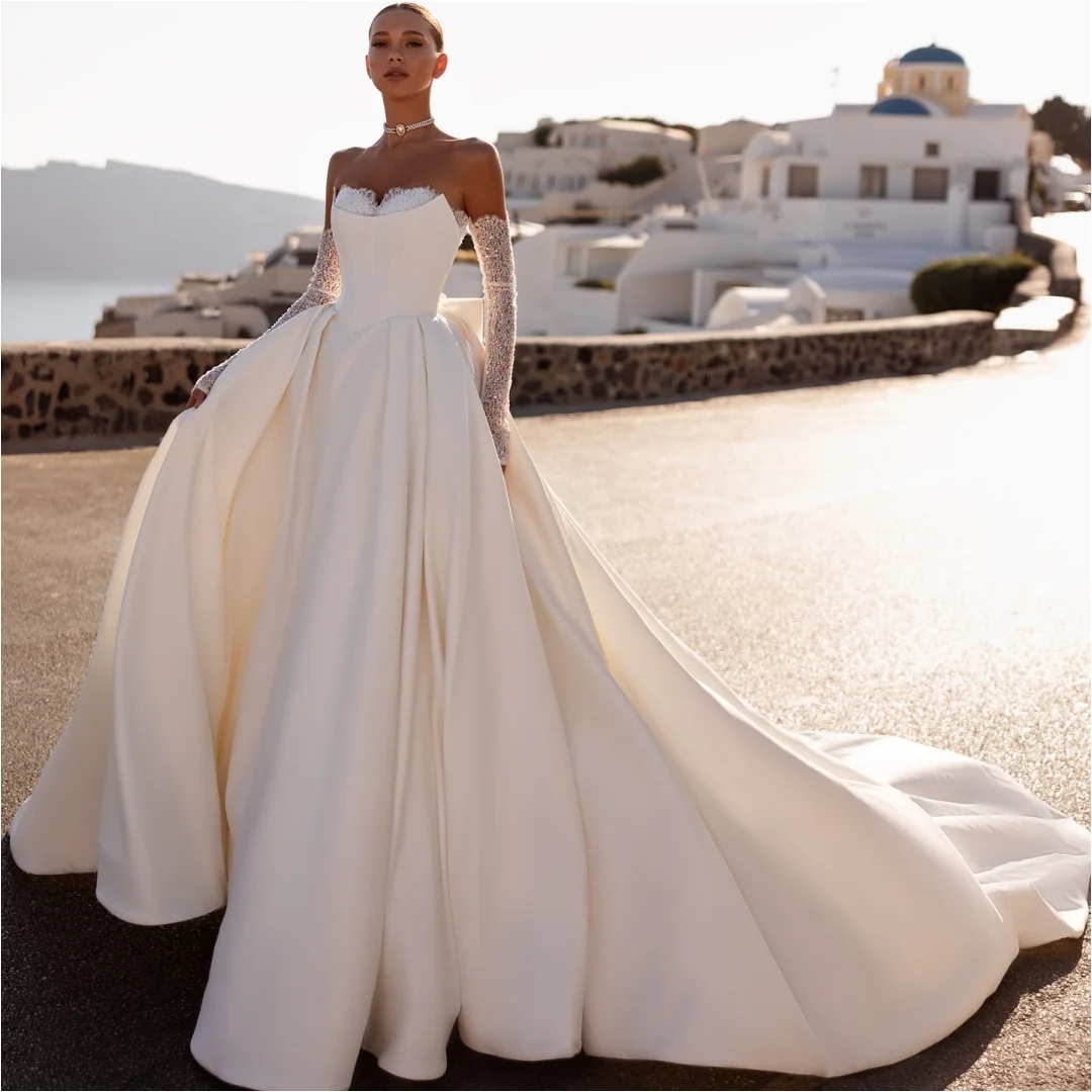 

Luxury Satin Wedding Dresses Sweetheart Lace Corset Bridal Gown with Gloves Exquisite robe de mariée Customized