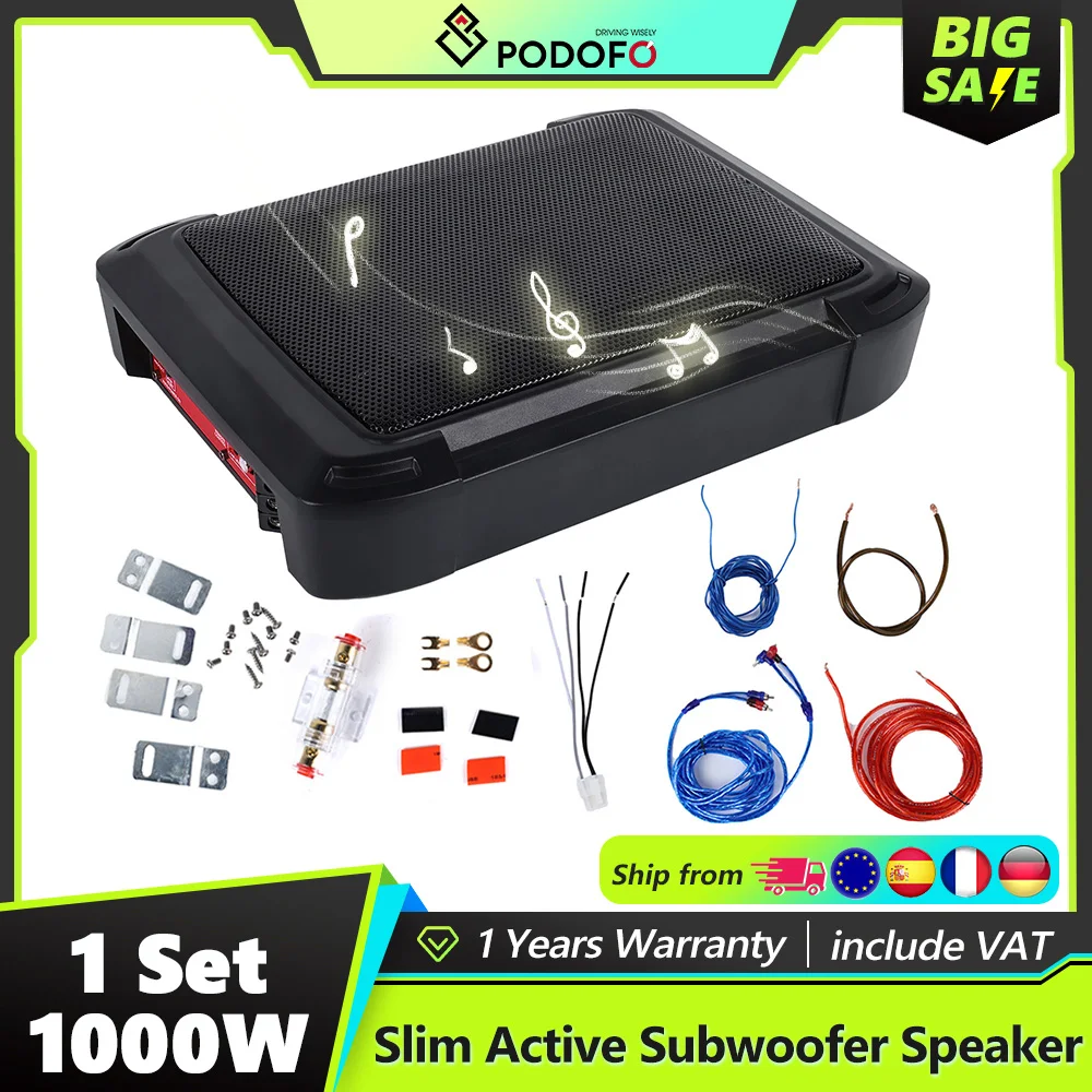 Podofo 1000W Auto-Subwoofer-Set Schlanker Verstärker mit Audiokabel Aktiver Audio-Basslautsprecher Unter-Sitz-Subwoofer Paracoche