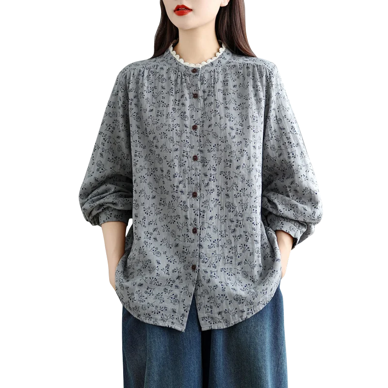 Casual Allentato Lungo Sve Stampa floreale irt Sle da donna Autunno Top Comodo misto cotone poliestere Vestibilità regolare irt