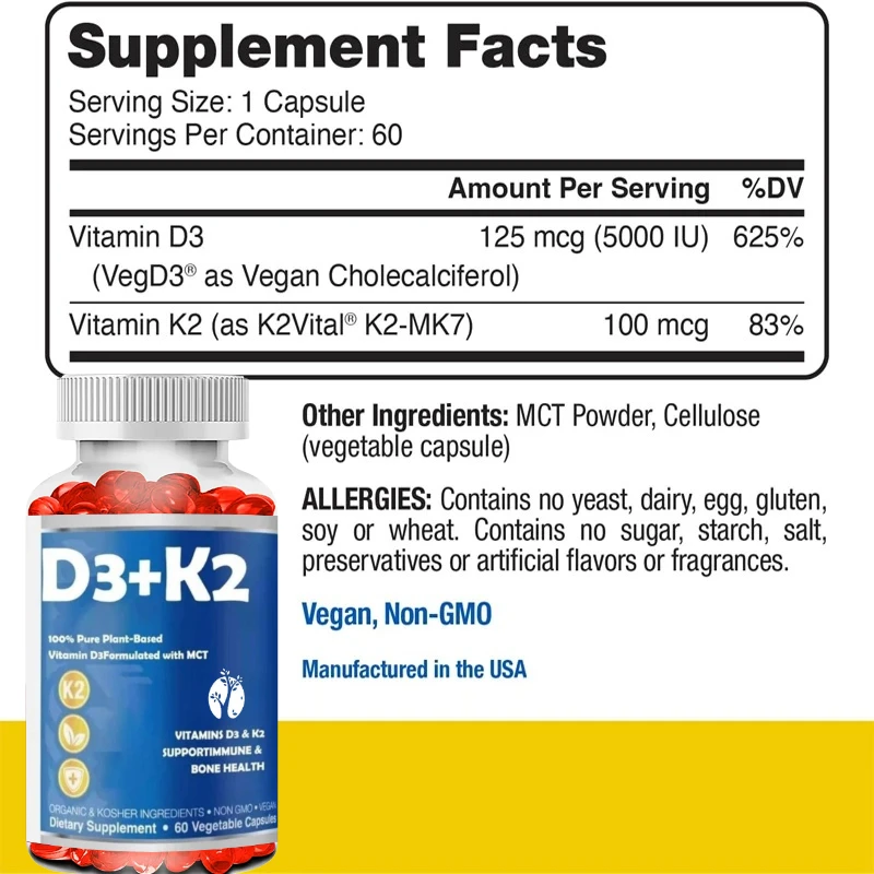 Vitamin D3 K2 Contains MCT, 5000 IU Vegetarian D3, and 100 Micrograms MK7 K2, Supporting Strong Bones and Immune Health