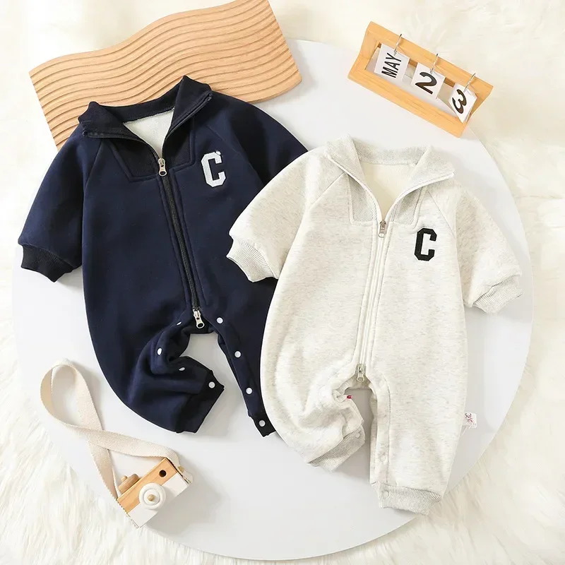 Baby Clothes Newborn Thick Jumpsuit 0-2 Y 2024 Autumn Winter New Boys Fur Lining Sporty Romper Toddler Outdoor One Piece