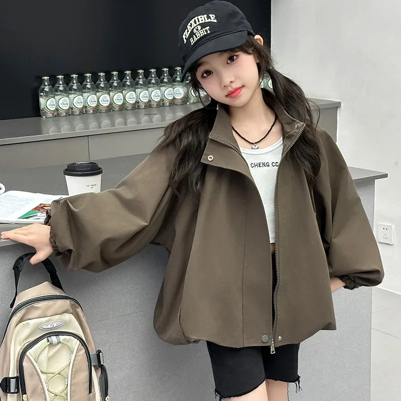 Girls' autumn coat 2024 new Korean version mid size retro stand up collar workwear windbreaker loose short jacket