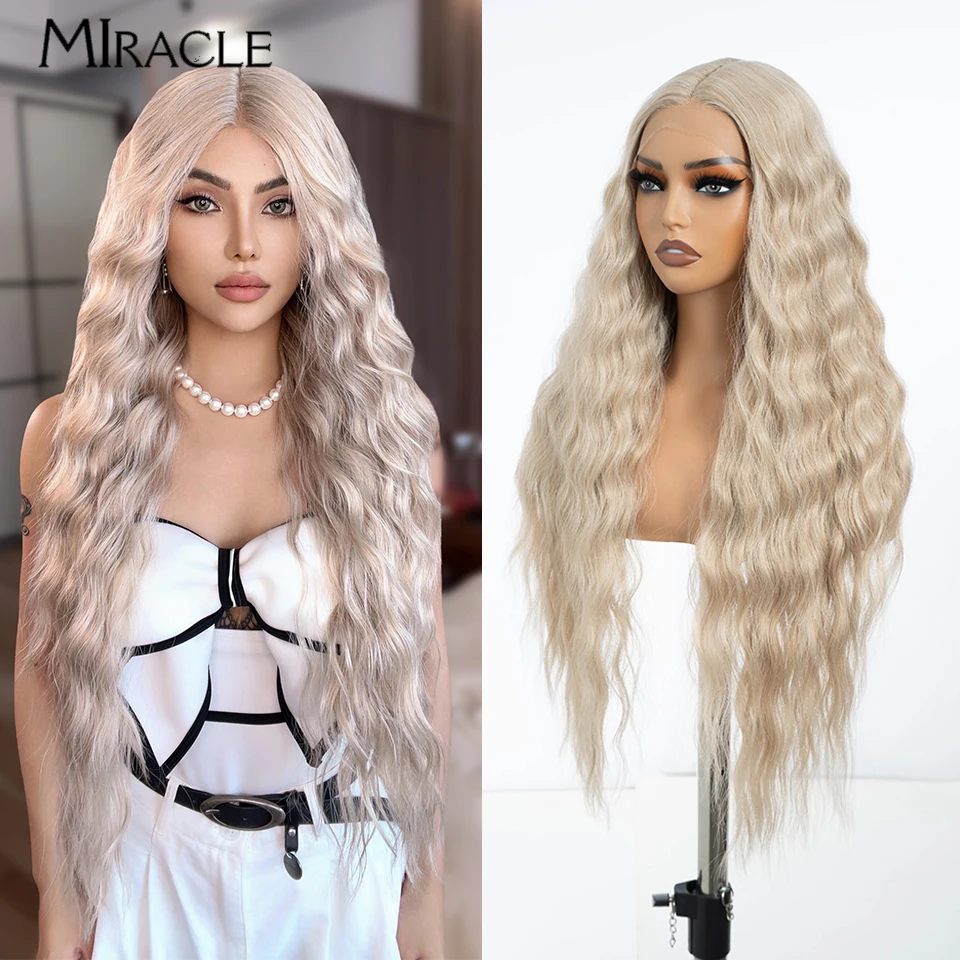 MIRACLE Synthetic 30Inch Lace Front Wig For Woman Fiber Lace Wig Deep Wave Ginger Heat Resistant Omber Cosplay Blonde