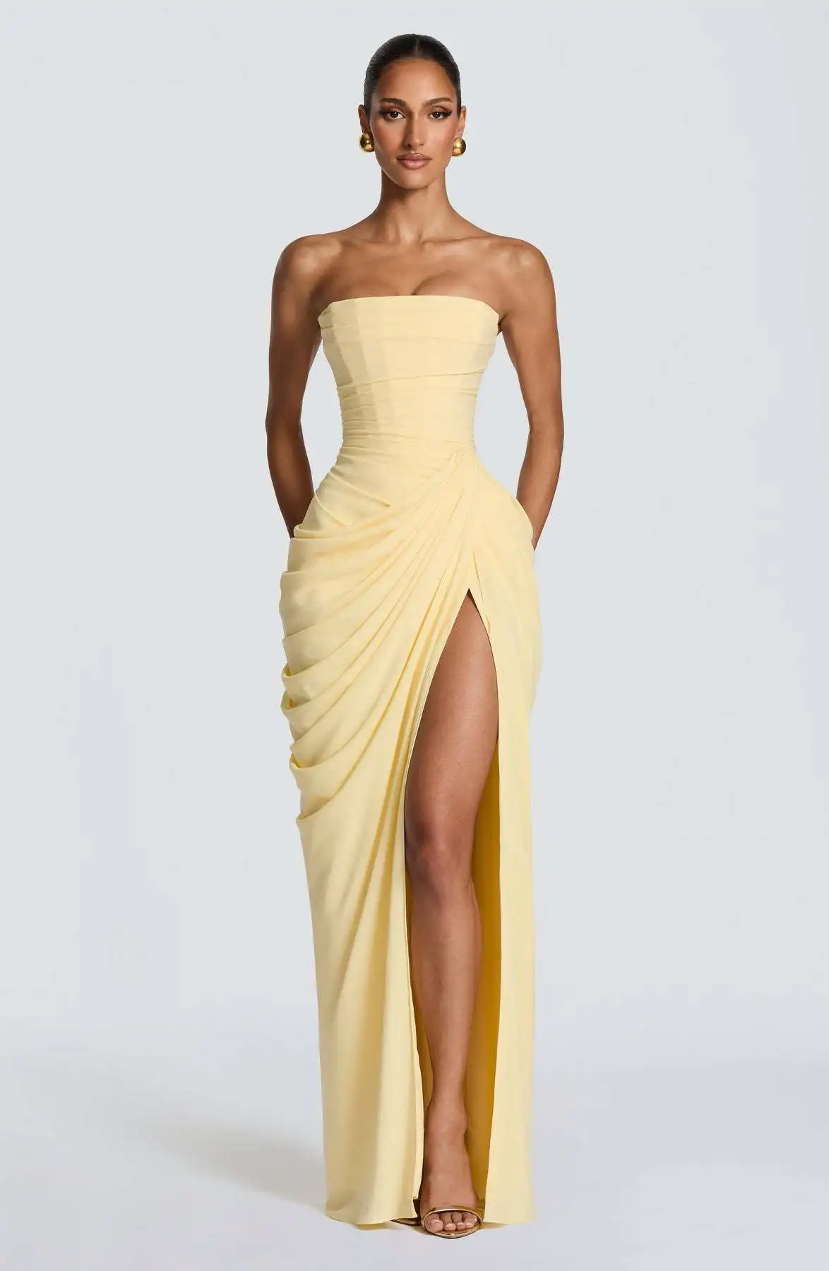 Onregelmatige geplooide split gele strapless jurk dames elegante mouwloze rugloze hoge taille feestjurk nieuwe dame date baljurk