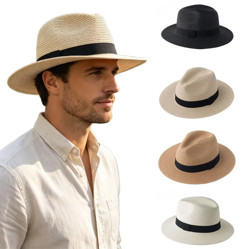 Men Paper Straw Sun Hat Breathable Wide Brim UV Protection Beach Foldable Hat Daily Casual Hat for Outdoor Vacation Travel