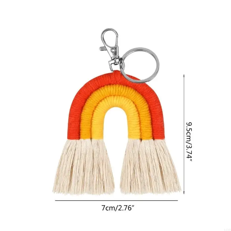 L5YF Đáng yêu Weaving Rainbow mặt dây chuyền Keyring cho Chuỗi Key Phụ nữ Tassel Macrame Keyrings Túi Túi Charm Xe đồ trang