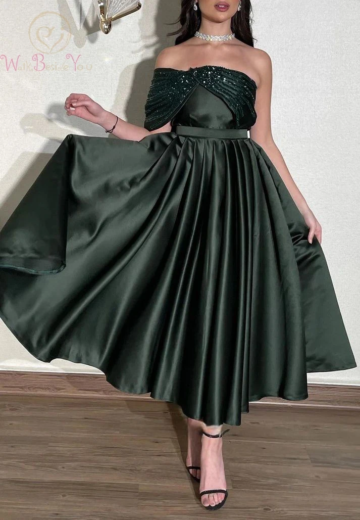 

Индивидуальные платья для выпускного вечера с открытыми плечами, армейский зеленый, с блестками, длиной до чая, вечерние женские вечерние платья трапециевидной формы