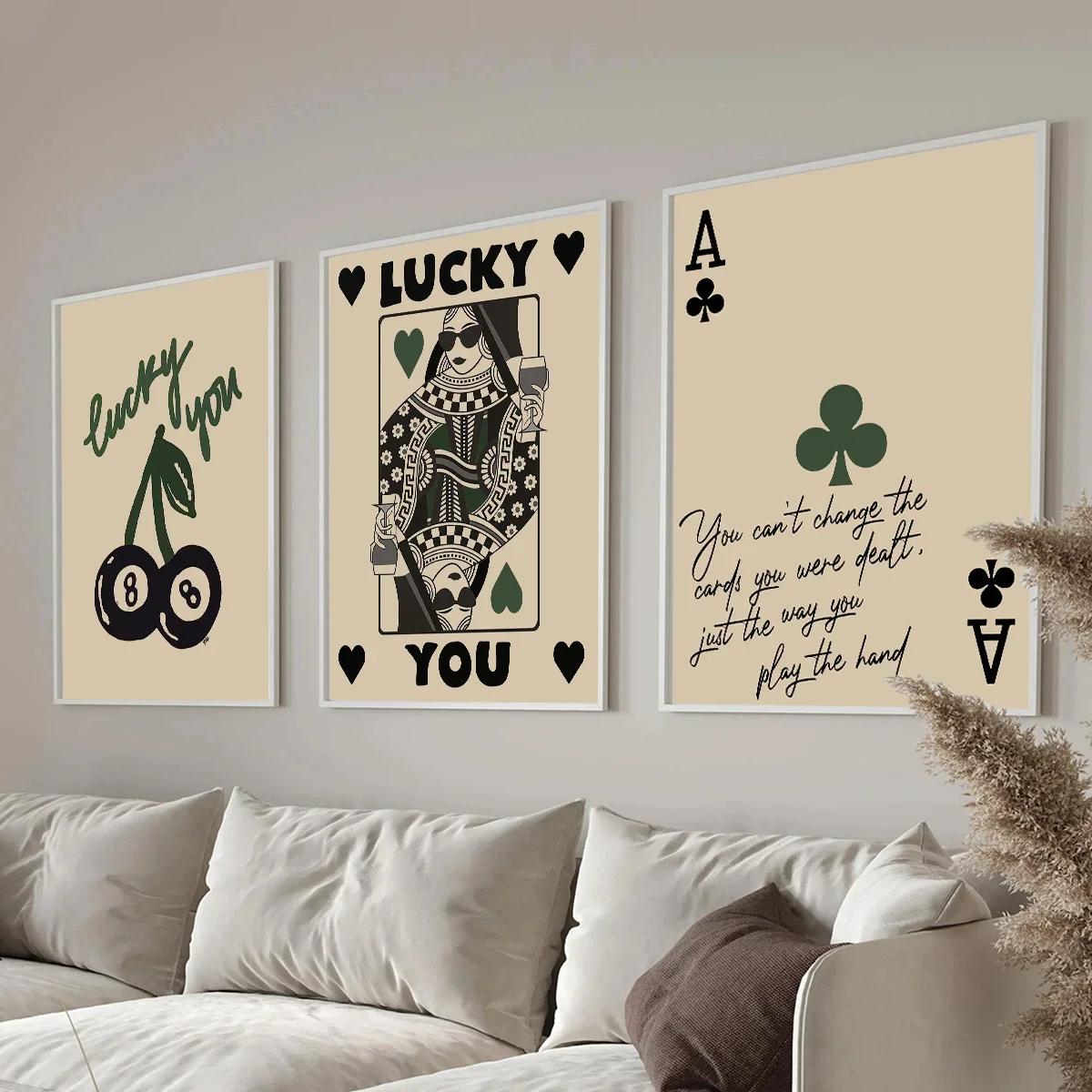 Vintage Aesthetic Lucky You 8 Ball Canvas Painting Posters Funny Green Black Ace Card Wall Art Prints Picture For Rome Decor