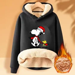 Snoopy Winter Lambswool Hoodies Thicken Warm Windproof Sweatshirts Print Hooded Pullover Loose Women Xmas Hoodies Velvet gifts