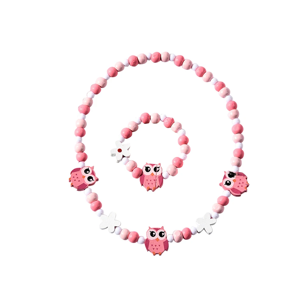

Wooden Bracelet Necklace Set Cartoon Jewelry and Animal Shape Colorful Kids Bamboo Premium Material